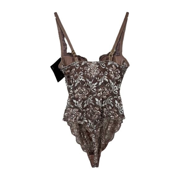 Natori Lace Teddy Bodysuit 34B New NWT Taupe Sheer Romantic Scalloped 90457 - Picture 2 of 7